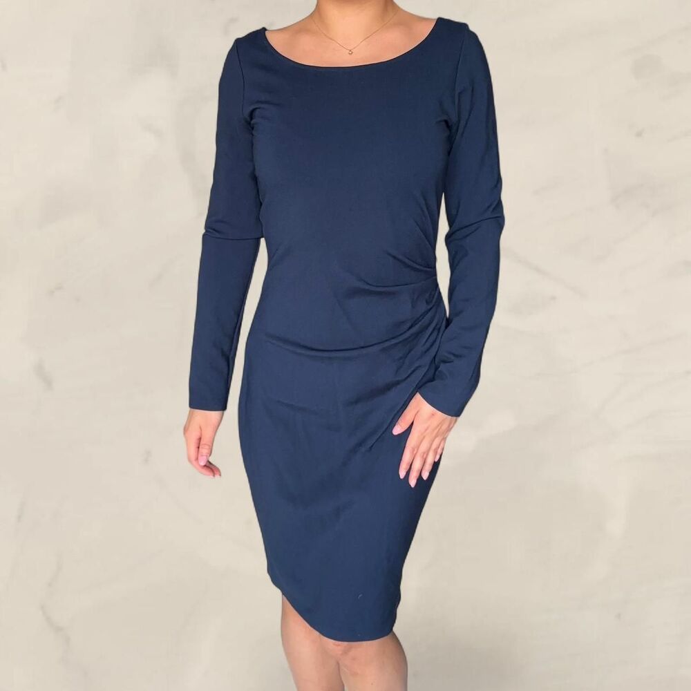 Kenneth Cole Long Sleeve Navy Blue Dress Exposed Zip Back Ruched Size 6